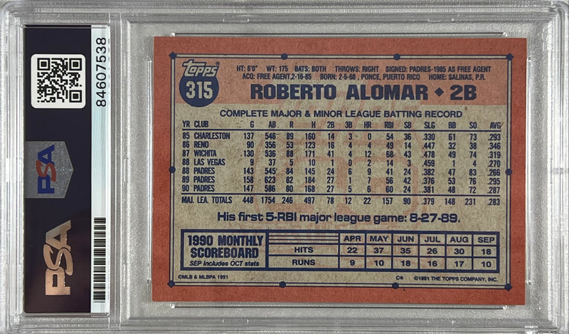 Roberto Alomar auto 1991 Topps #315 MLB San Diego Padres PSA Encapsulated