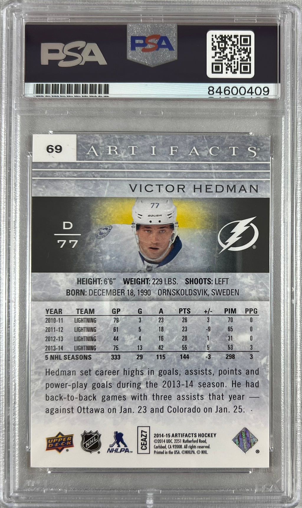 Victor Hedman auto 2014-15 Upper Deck Artifacts card PSA Gem Mint 10 Lightning