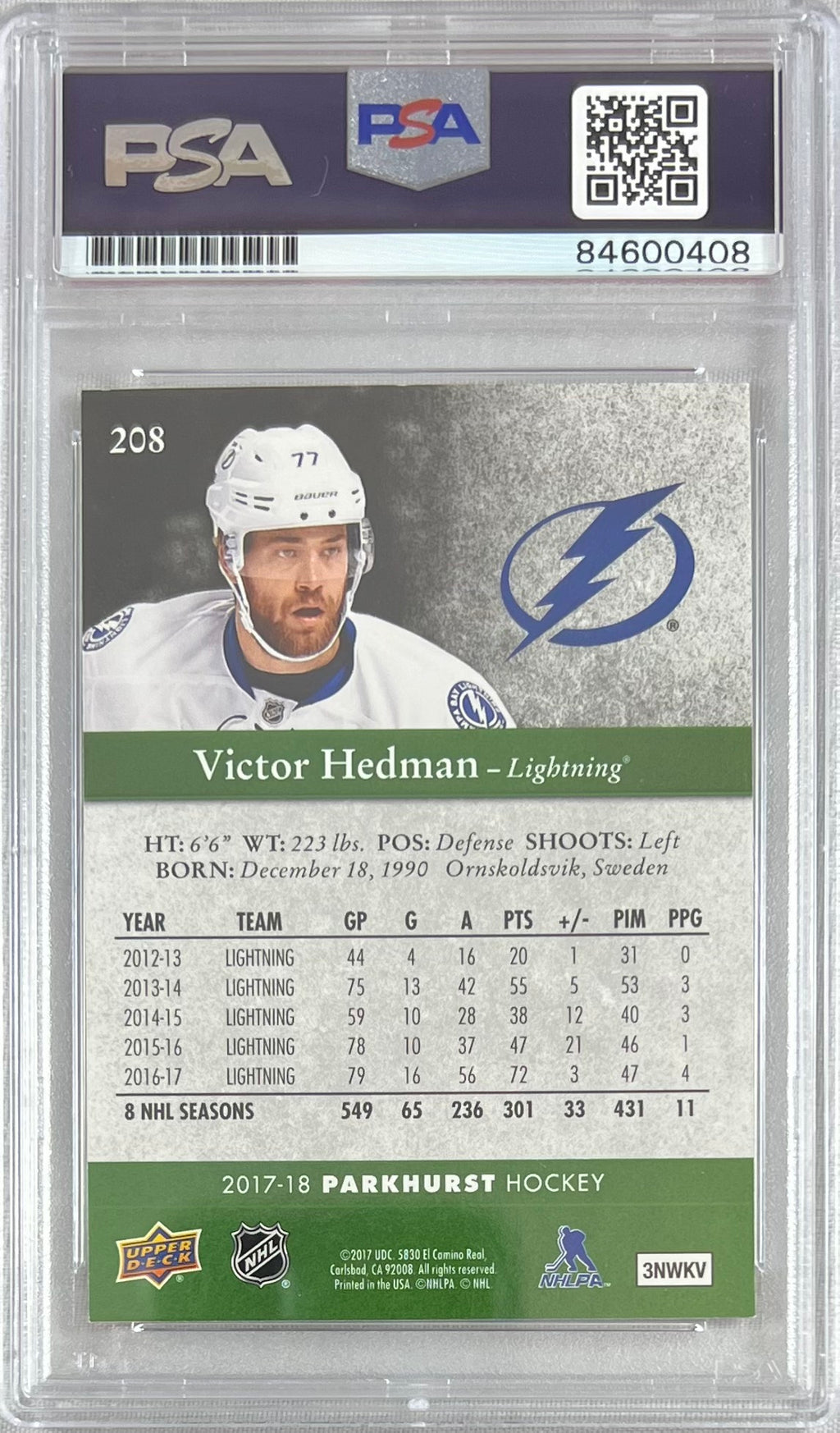 Victor Hedman auto signed 2017-18 Parkhurst card #208 PSA Gem Mint 10 Lightning