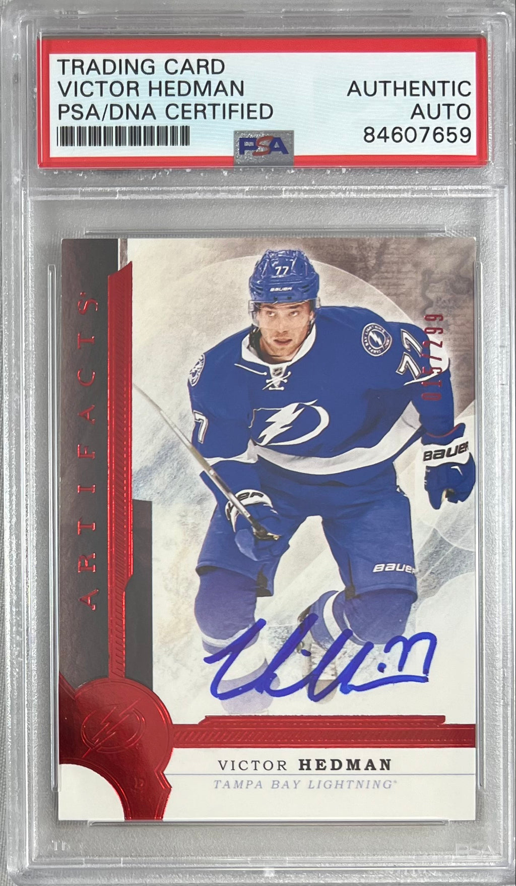 Victor Hedman auto 2016-17 Upper Deck Artifacts card Lightning PSA Encapsulated