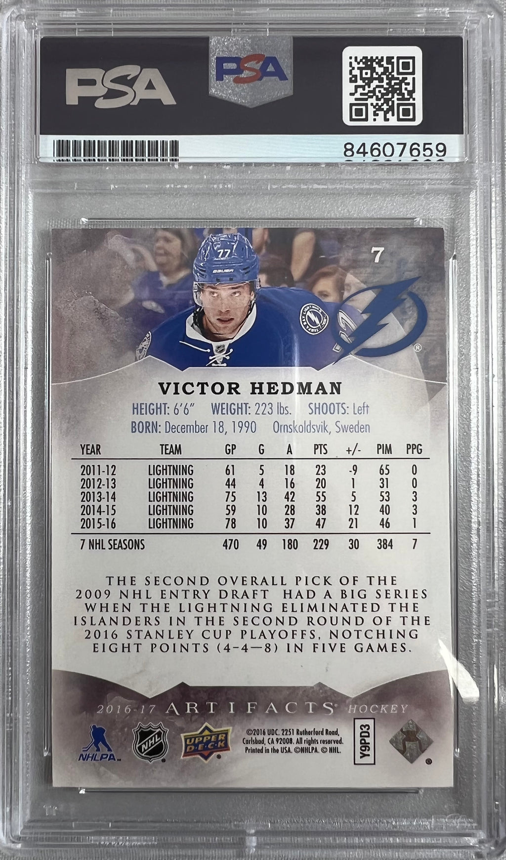 Victor Hedman auto 2016-17 Upper Deck Artifacts card Lightning PSA Encapsulated