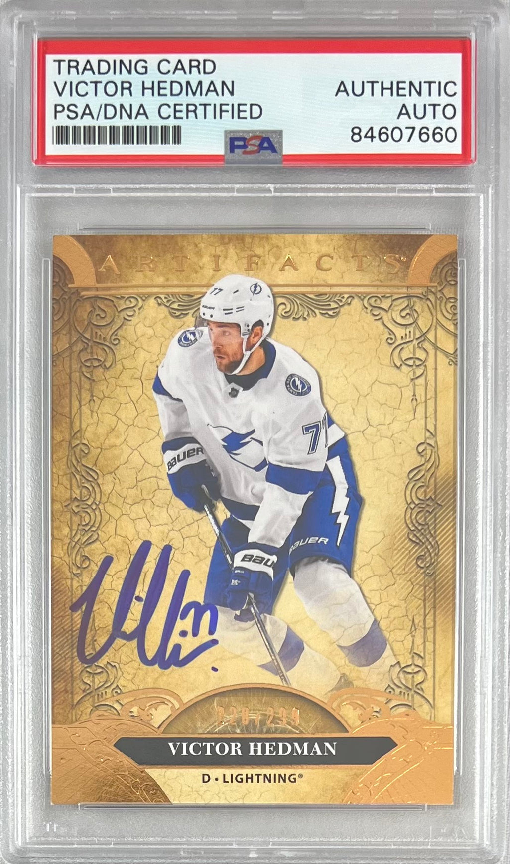 Victor Hedman auto 2020-21 Upper Deck Artifacts card Lightning PSA Encapsulated