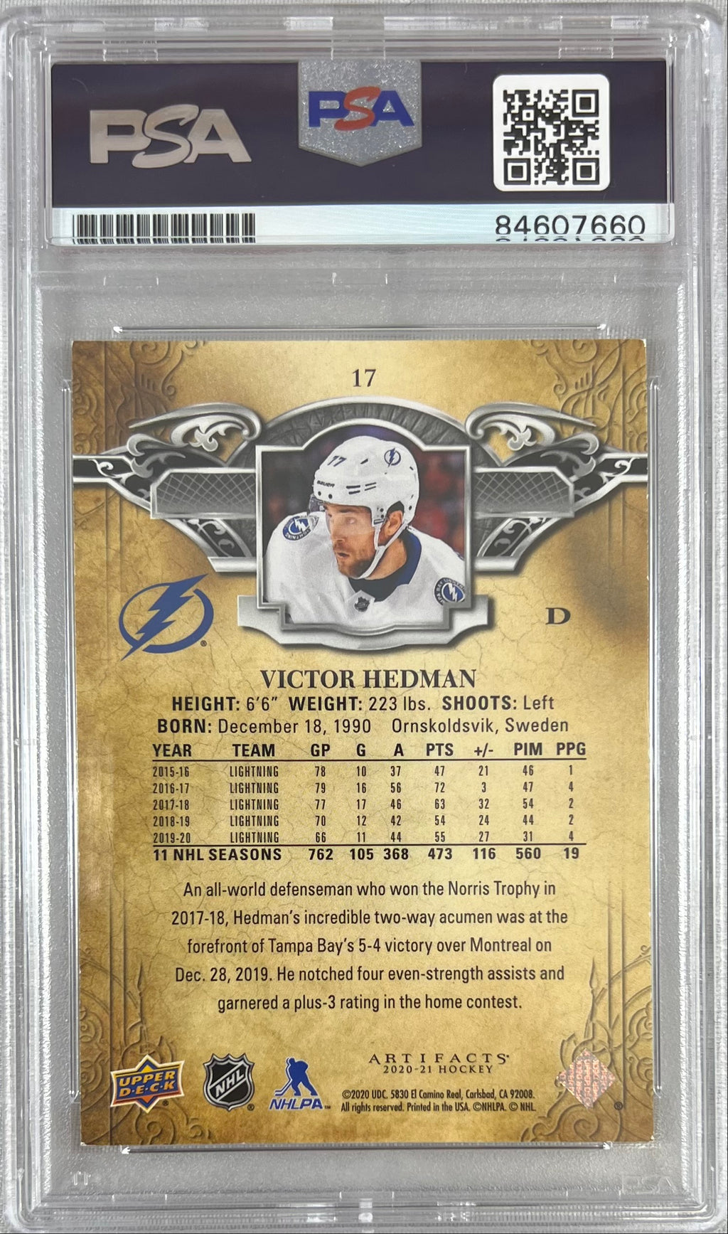 Victor Hedman auto 2020-21 Upper Deck Artifacts card Lightning PSA Encapsulated