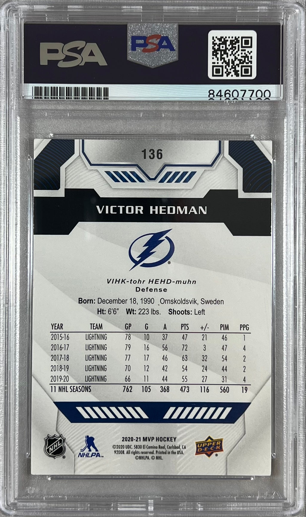 Victor Hedman auto 2020-21 Upper Deck MVP card #136 Lightning PSA Encapsulated