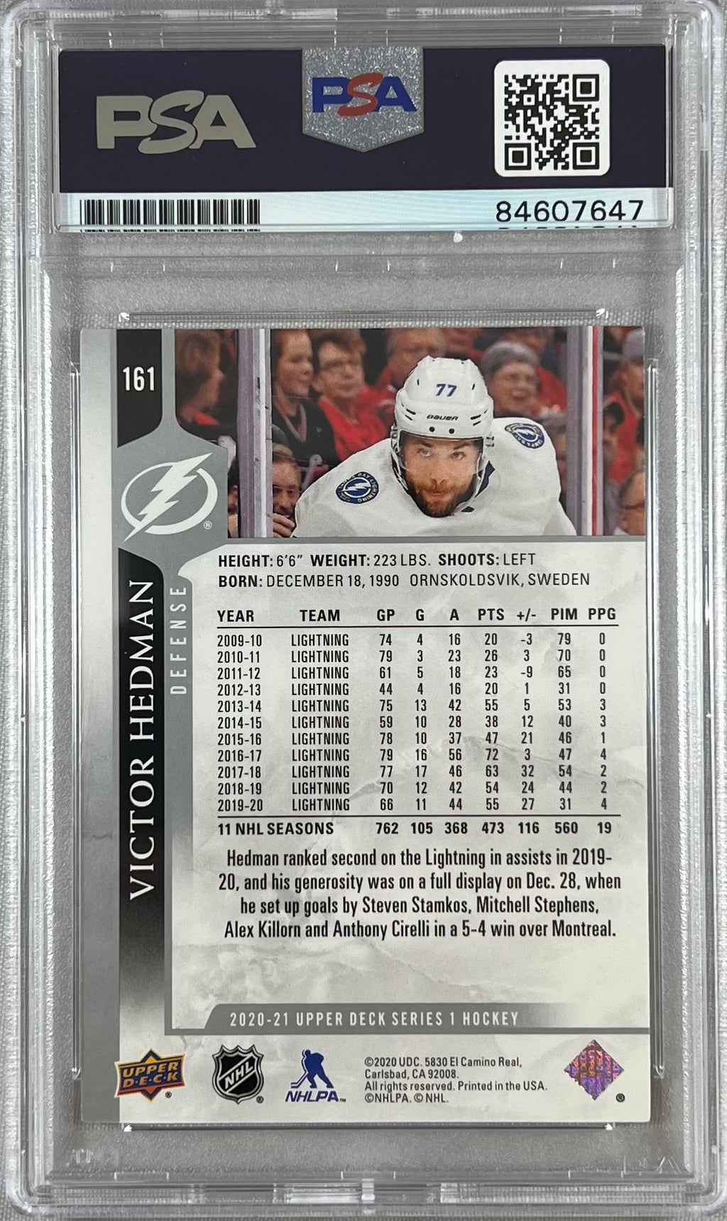 Victor Hedman auto 2020-21 Upper Deck #161 card Lightning PSA Encapsulated