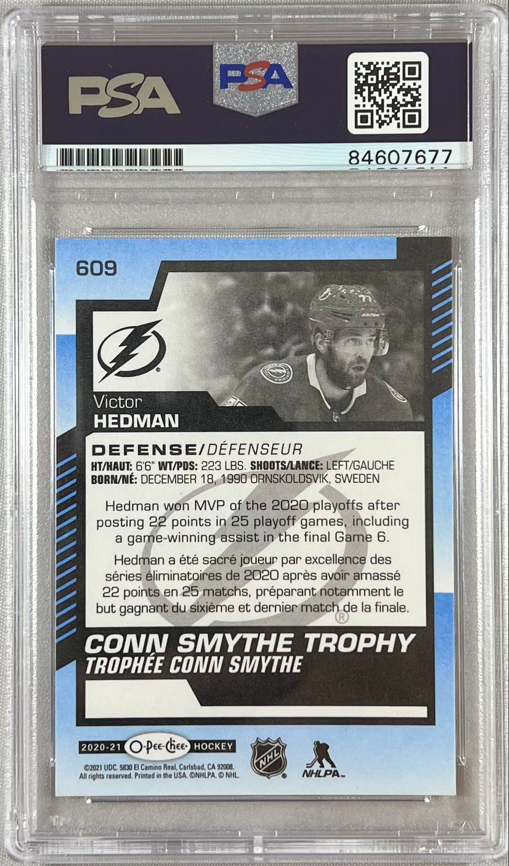 Victor Hedman auto 2020-21 O-Pee-Chee card #609 Lightning PSA Encapsulated