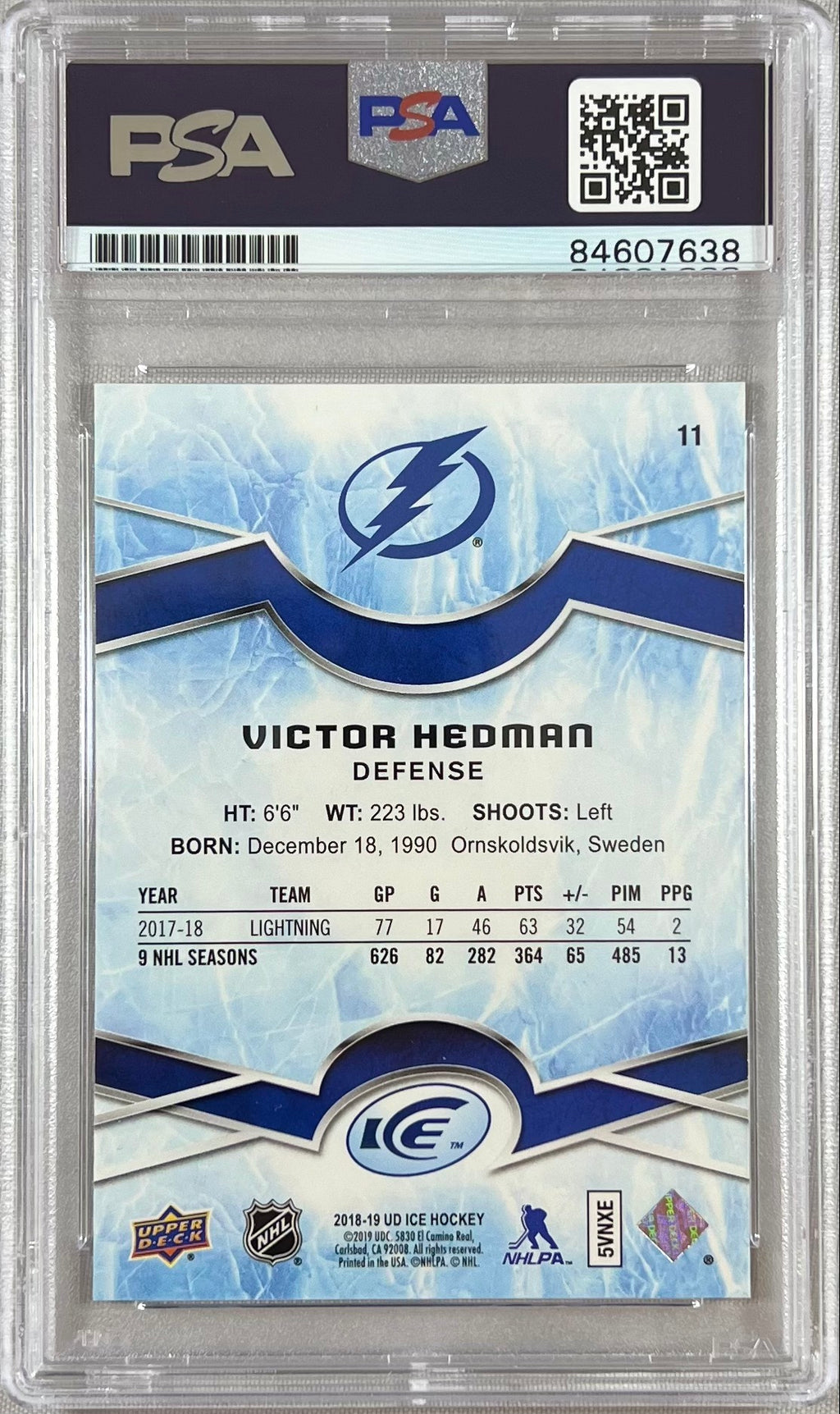 Victor Hedman auto signed 2018-19 Upper Deck #11 card Lightning PSA Encapsulated