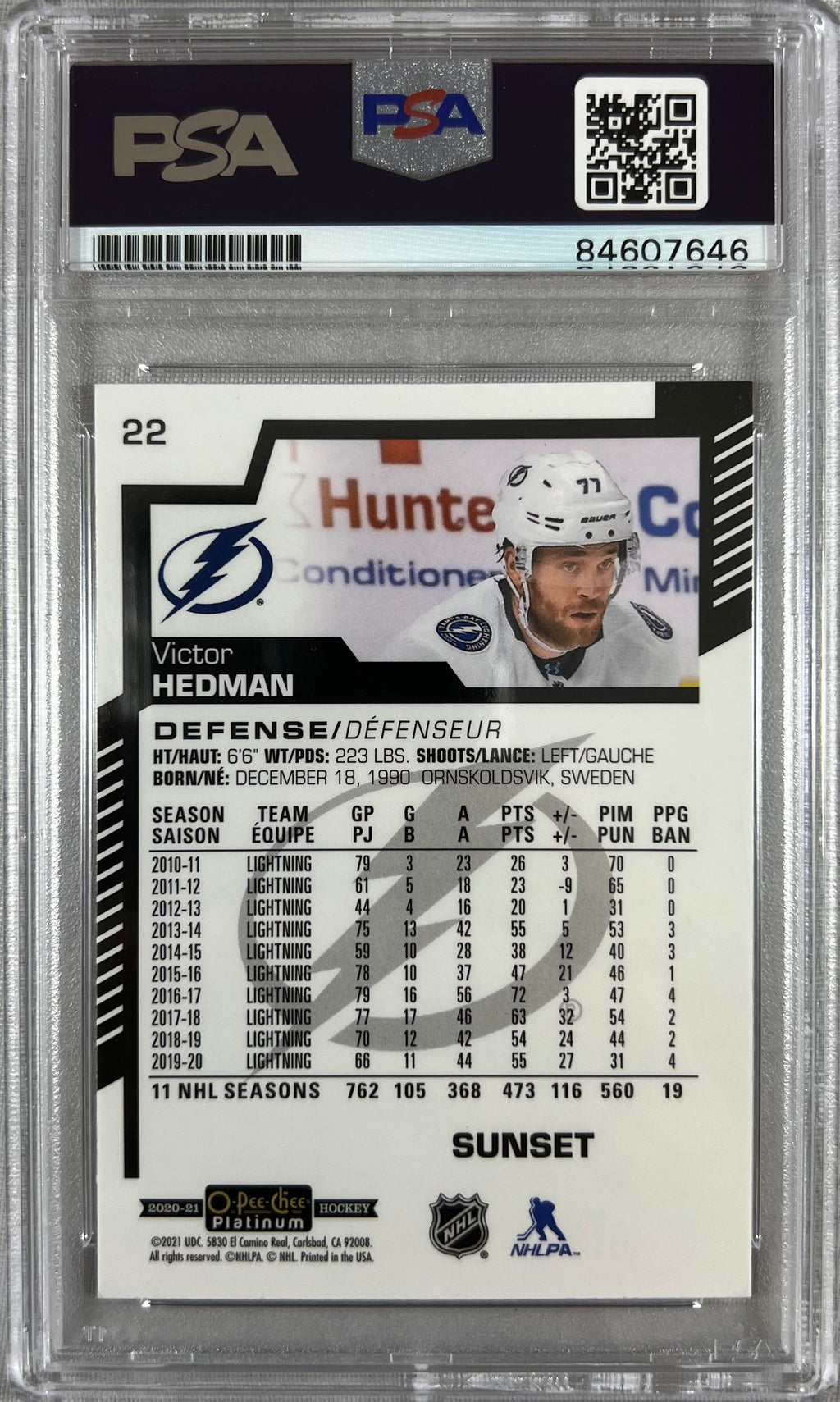 Victor Hedman auto 2020-21 O-Pee-Chee Platinum #22 card Lightning PSA Encap