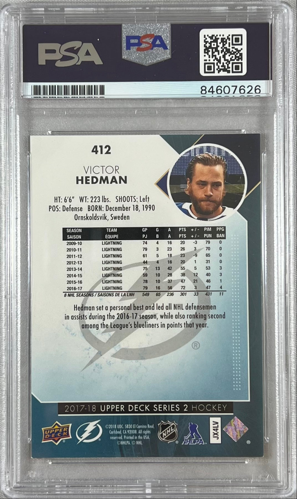 Victor Hedman auto 2017-18 Upper Deck #412 card Lightning PSA Encapsulated