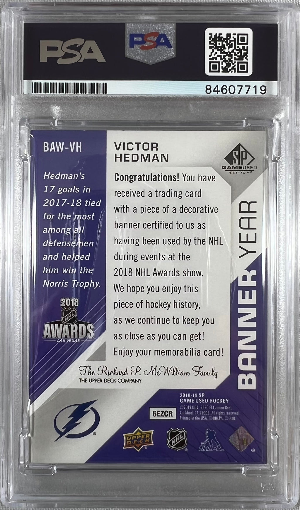 Victor Hedman auto 2018-19 Upper Deck card Lightning PSA Encapsulated GU Patch