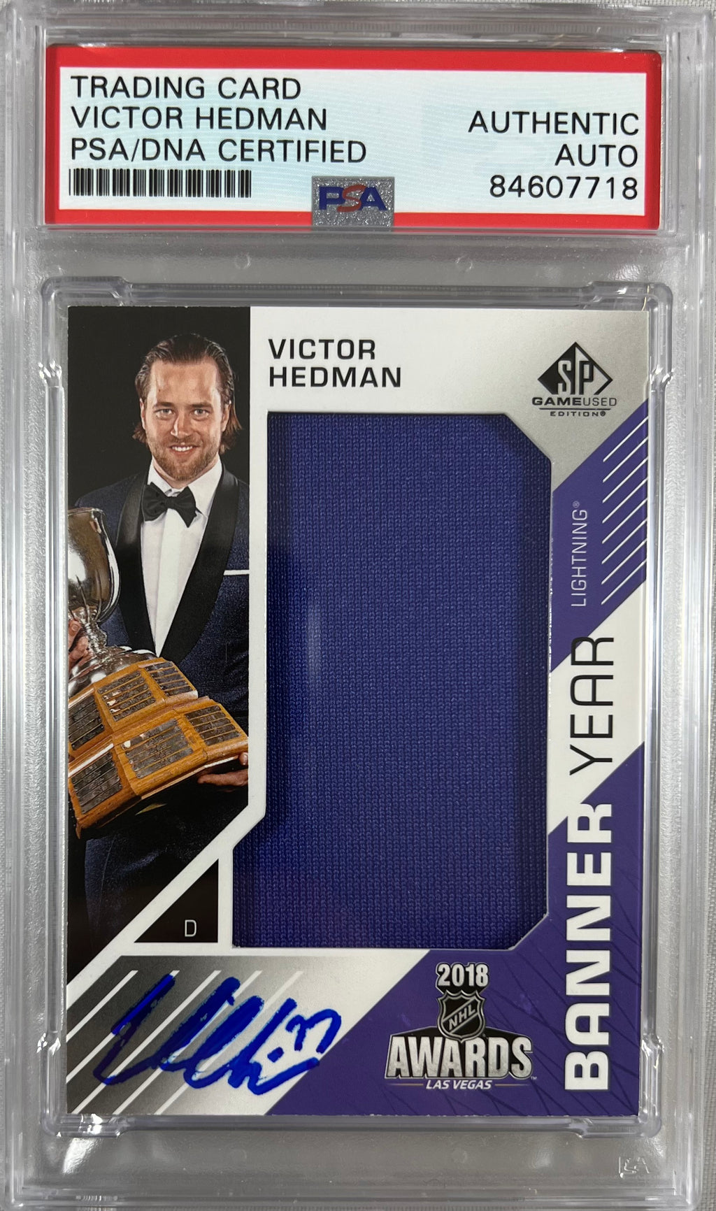 Victor Hedman auto 2018-19 Upper Deck card Lightning PSA Encapsulated GU Patch