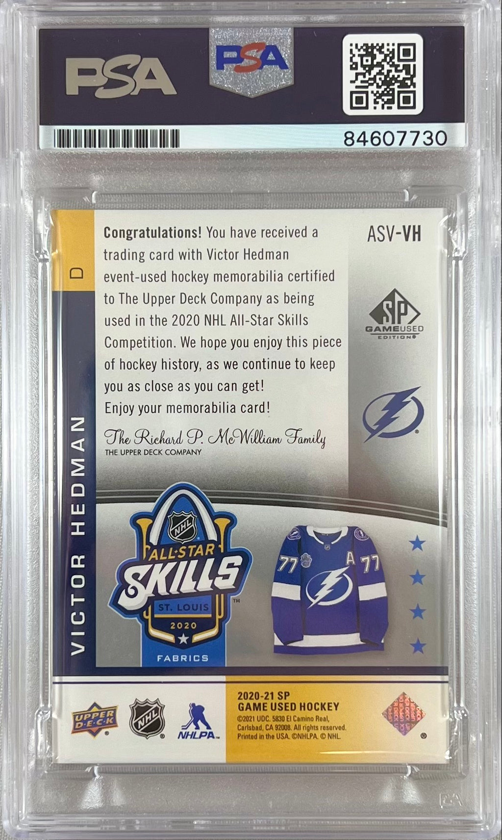 Victor Hedman auto 2020-21 Upper Deck card Lightning PSA Encapsulated GU Patch