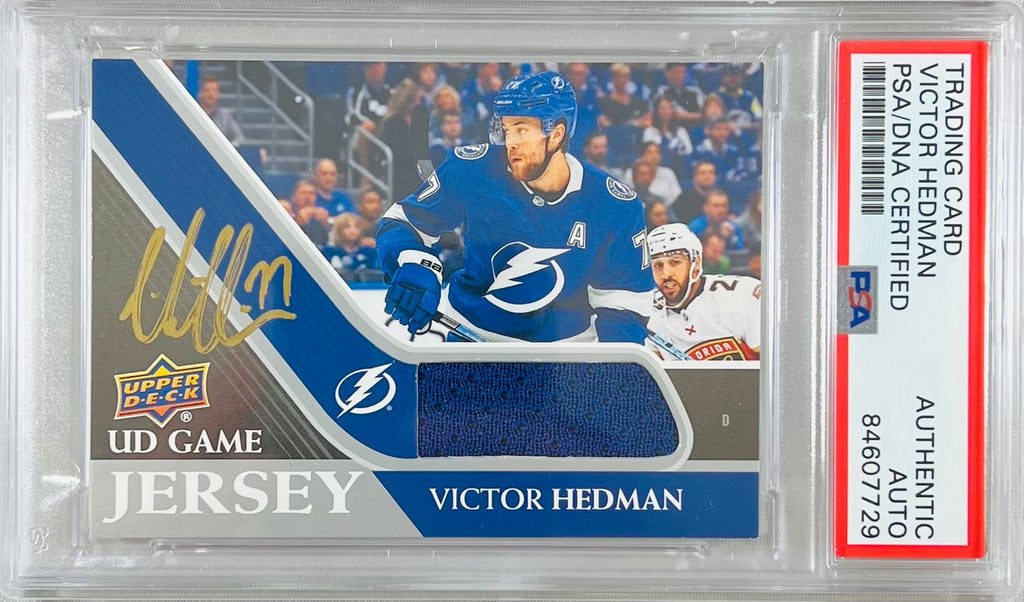 Victor Hedman auto 2020-21 Upper Deck card Lightning PSA Encapsulated GU Patch