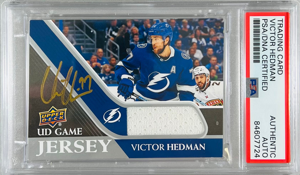 Victor Hedman auto 2020-21 Upper Deck card Lightning PSA Encapsulated GU Patch