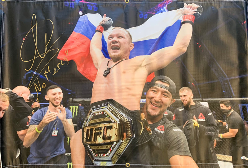 Petr Yan autographed signed inscribed 35x40 Vinyl Banner UFC PSA COA No Mercy - JAG Sports Marketing