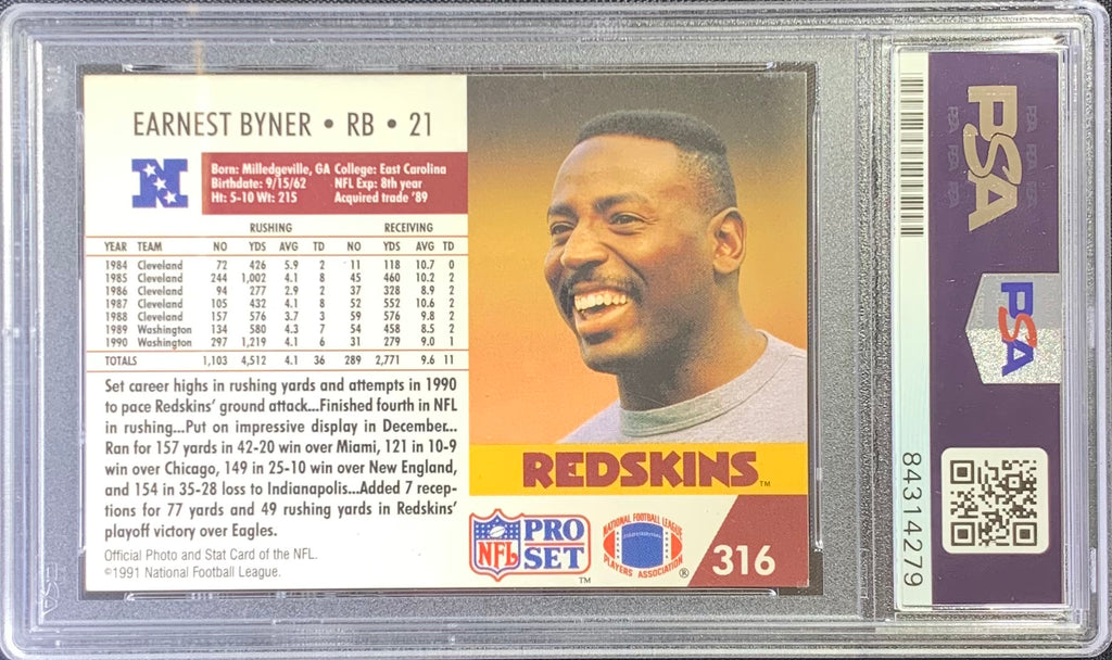 Earnest Byner auto signed Pro Set 1991 card #316 Redskins PSA Encapsulated