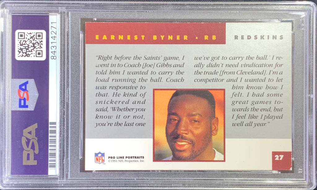 Earnest Byner autographed Pro Line 1991 card #27 Redskins PSA Encapsulated