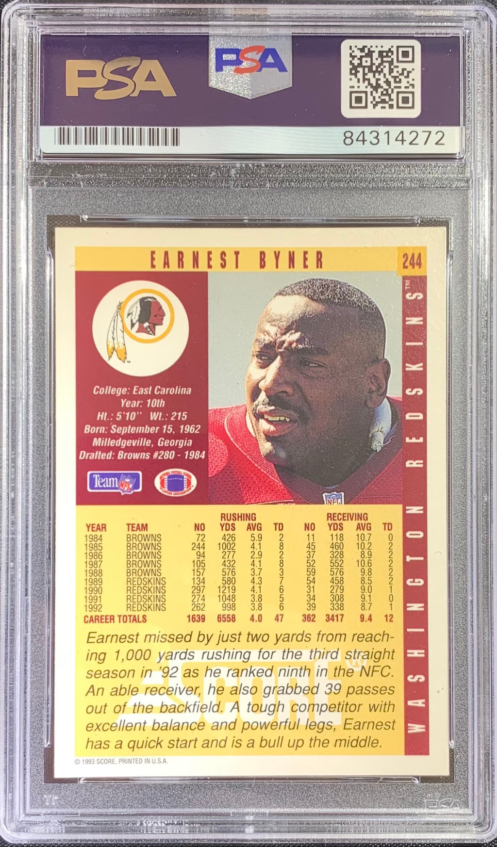 Earnest Byner autographed signed 1993 Score card #244 Redskins PSA Encapsulated