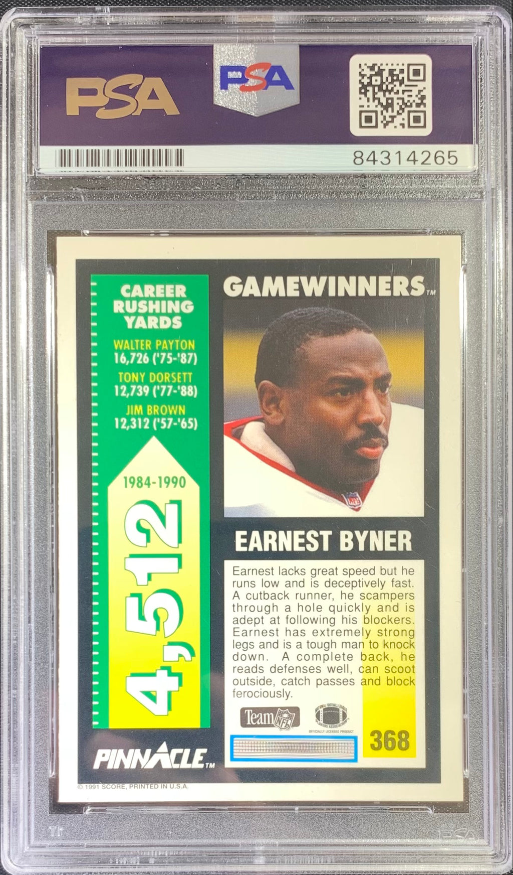 Earnest Byner auto signed 1991 Pinnacle card #368 Redskins PSA Encapsulated