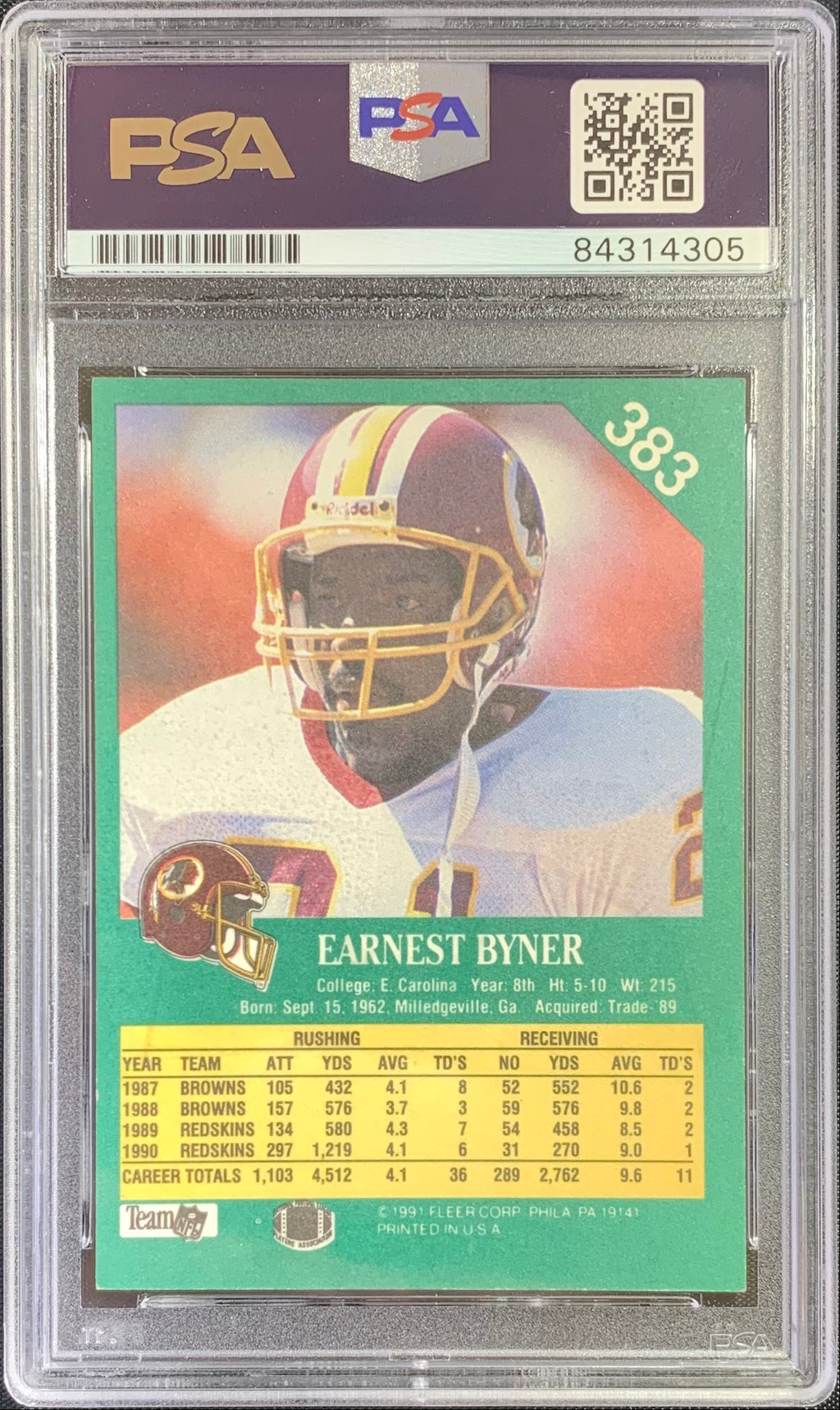Earnest Byner autographed signed 1991 Fleer card #383 Redskins PSA Encapsulated
