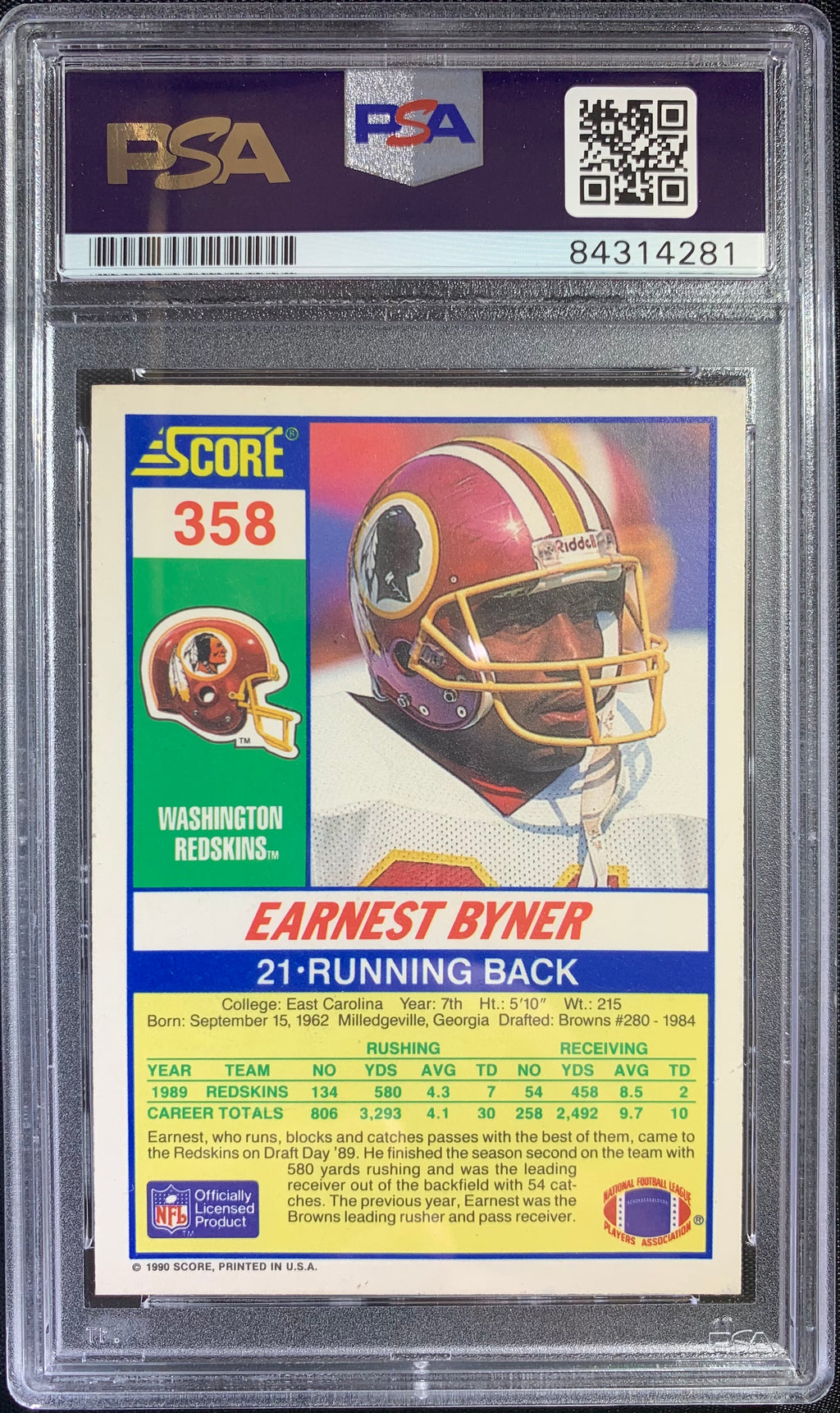 Earnest Byner auto signed 1990 Score card #358 Redskins PSA Encapsulated