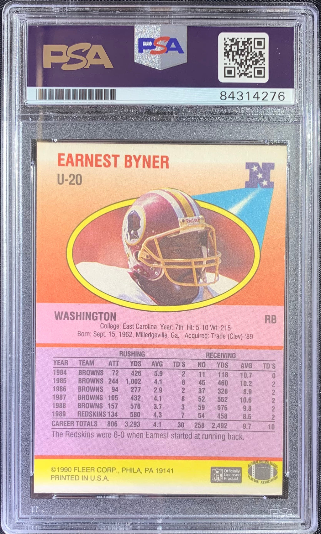 Earnest Byner autographed signed 1990 Fleer card #U-20 Redskins PSA Encapsulated