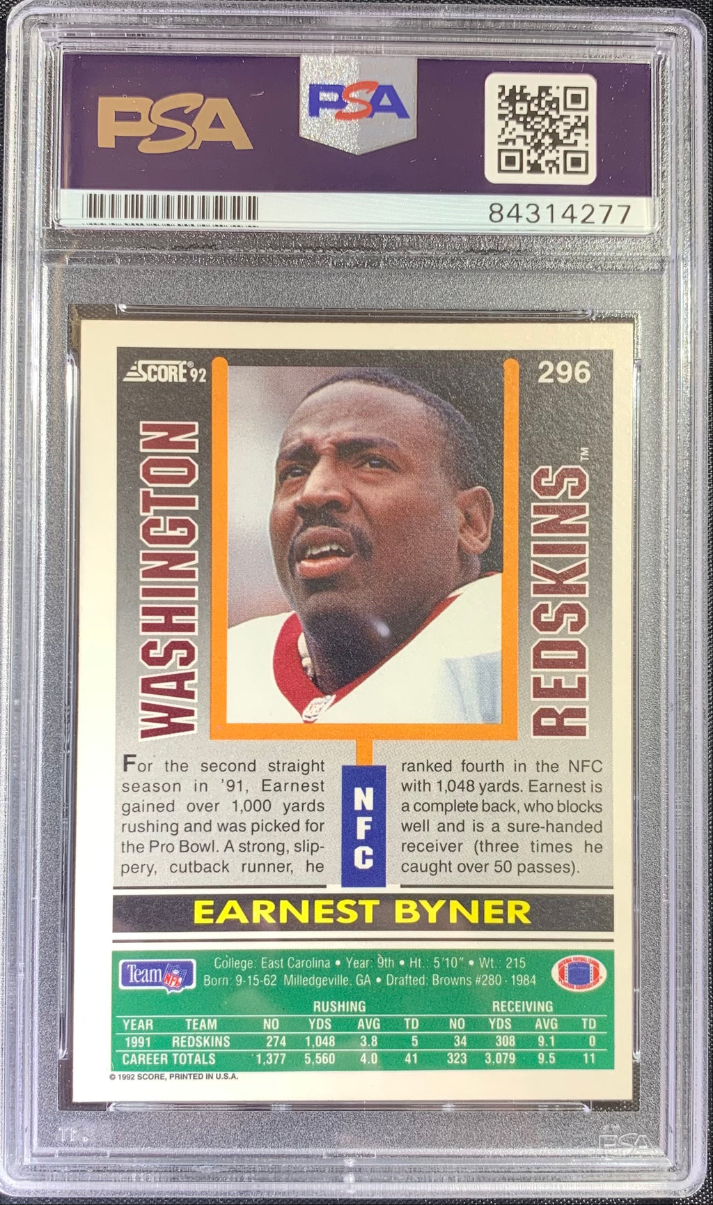 Earnest Byner autographed signed 1992 Score card #296 Redskins PSA Encapsulated