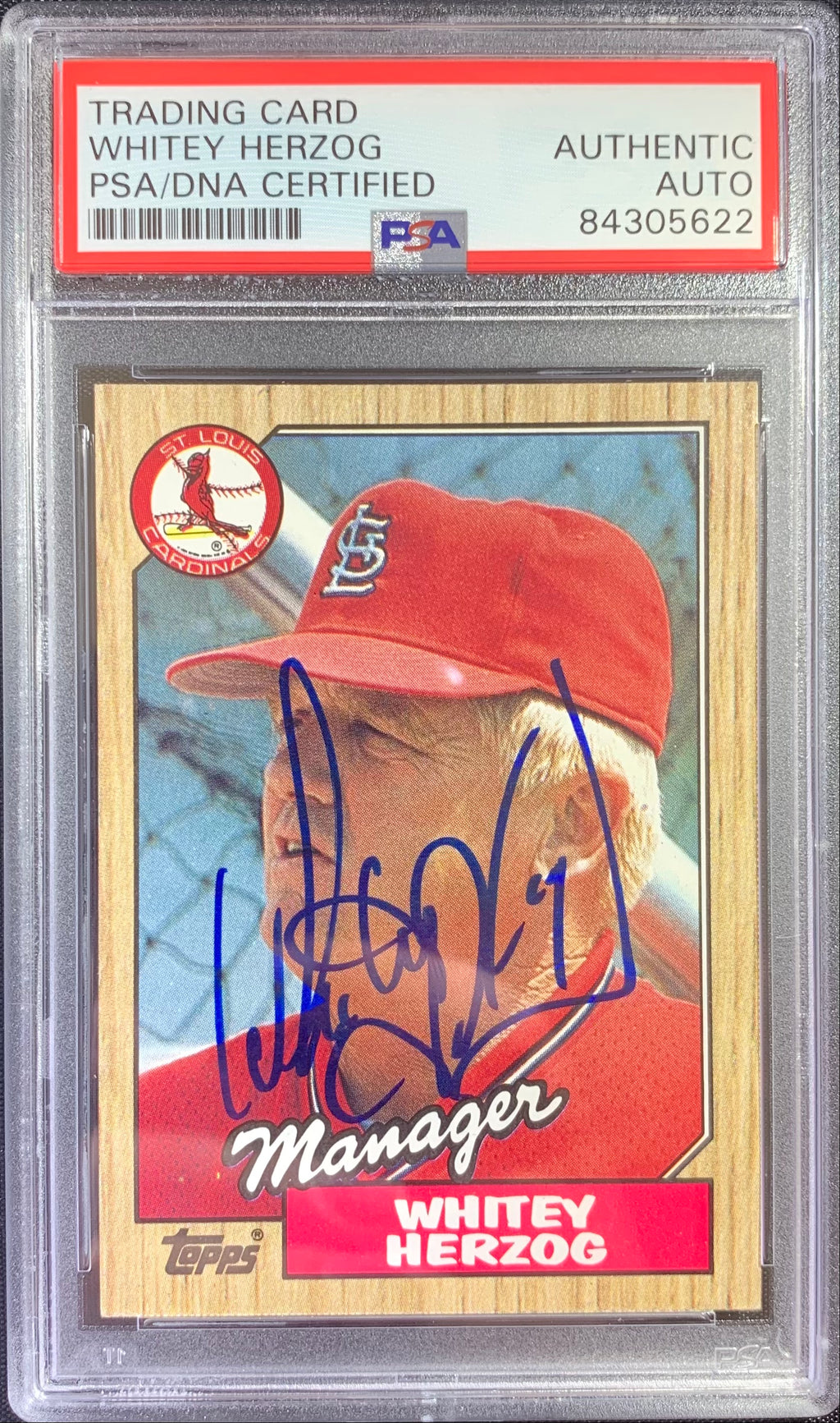 Whitey Herzog auto card 1987 Topps #243 MLB St Louis Cardinals PSA Encapsulated
