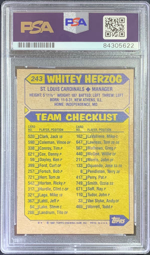 Whitey Herzog auto card 1987 Topps #243 MLB St Louis Cardinals PSA Encapsulated