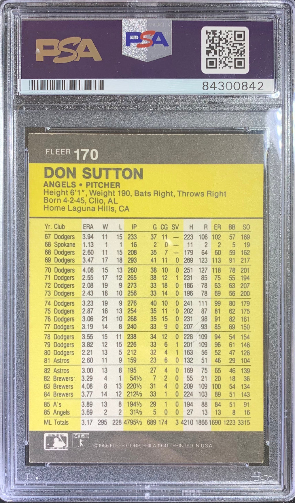 Don Sutton auto card 1986 Fleer #170 Los Angeles Angles PSA Encapsulated