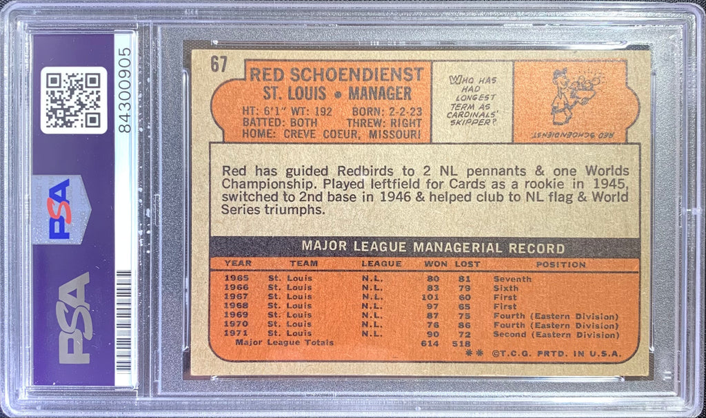 Red Schoendienst auto card 1972 Topps #67 St. Louis Cardinals PSA Encapsulated