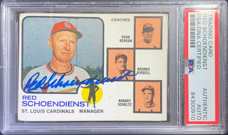 Red Schoendienst auto card 1973 Topps #497 St. Louis Cardinals PSA Encapsulated