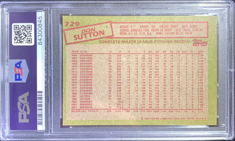 Don Sutton auto card 1985 Topps #729 MLB Milwaukee Brewers PSA Encapsulated