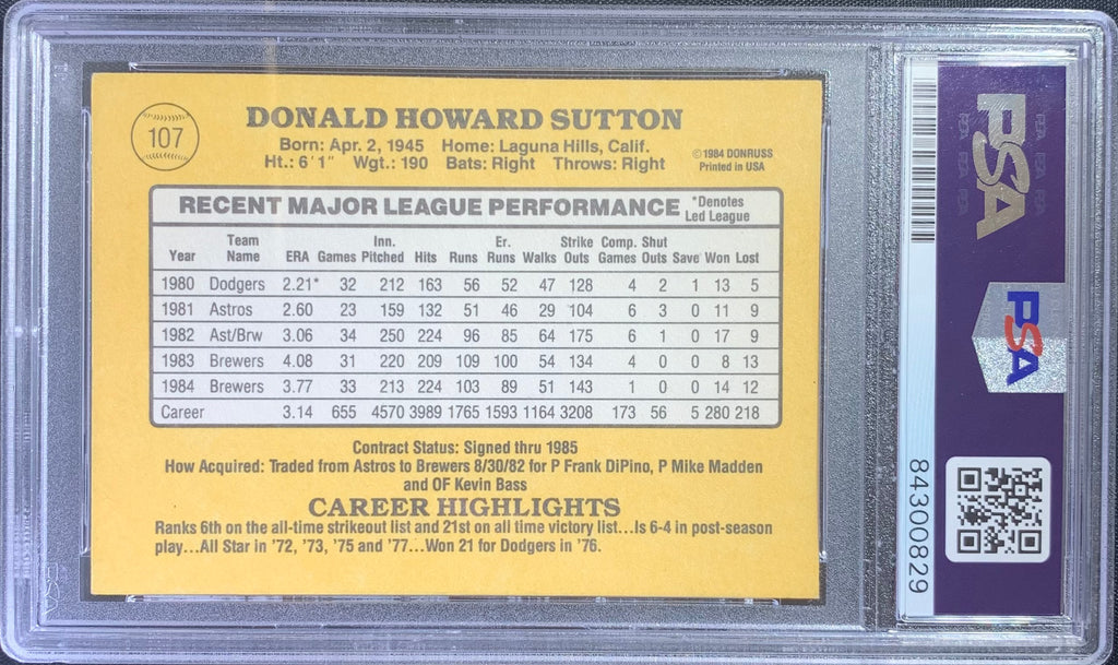 Don Sutton auto card 1985 Donruss #107 MLB Milwaukee Brewers PSA Encapsulated