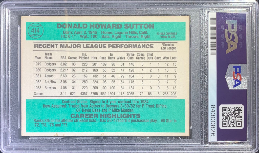 Don Sutton auto card 1984 Donruss #414 MLB Milwaukee Brewers PSA Encapsulated