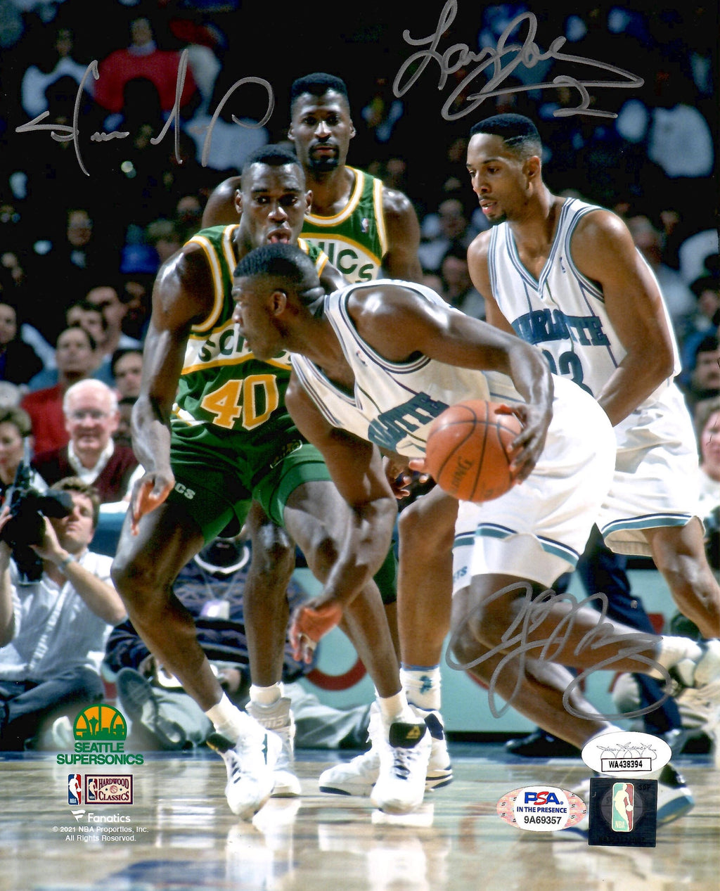 Shawn Kemp Alonzo Mourning Larry Johnson signed 8x10 photo Sonics Hornets PSA